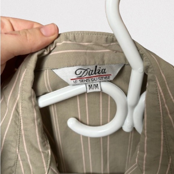 Thrifted light green stripped button down shirt, with floral detailing. - Picture 2 of 3